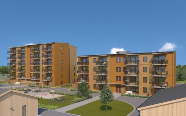 Illustration på två hyreshus med gul fasad.