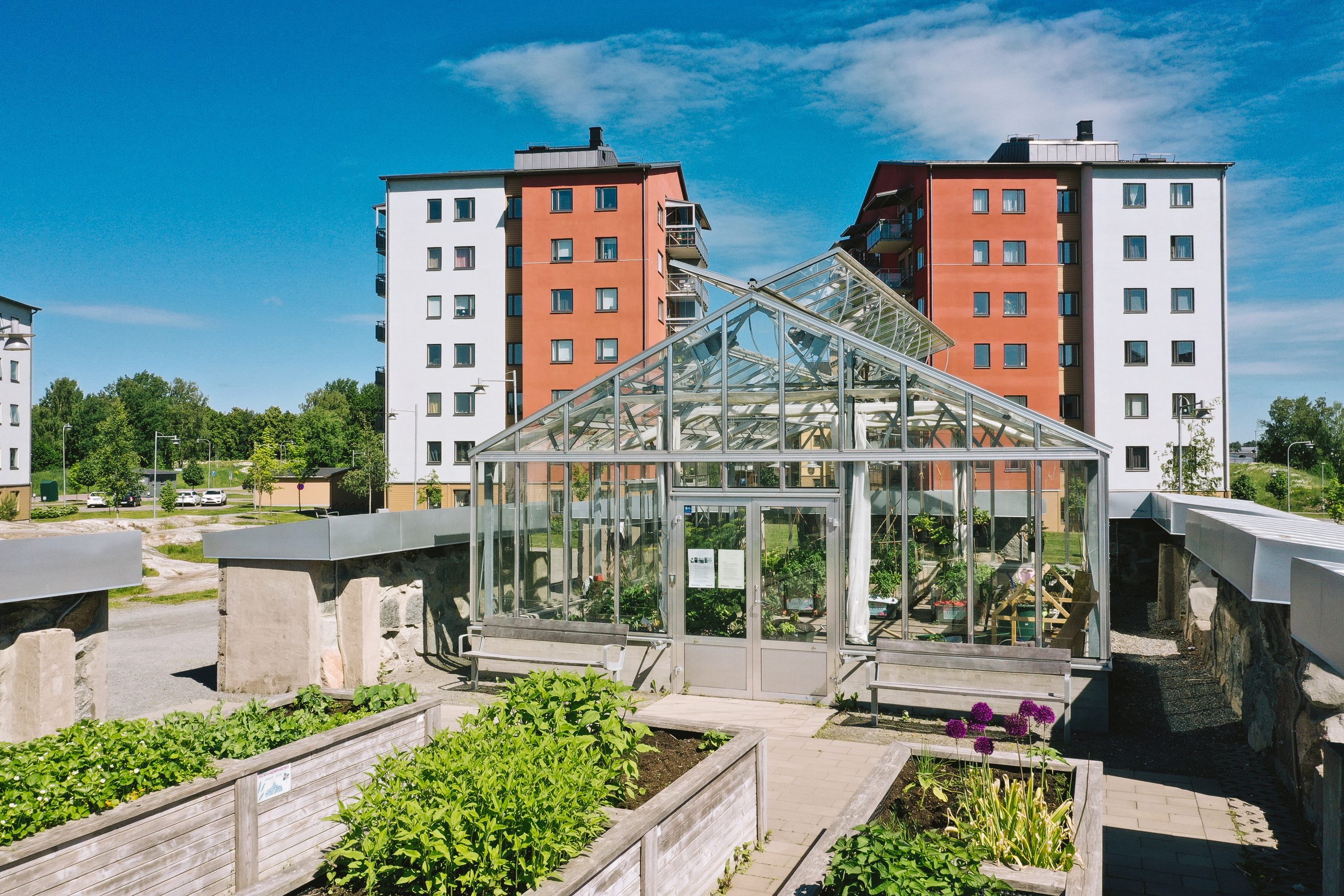 Växthus med odlingslådor framför