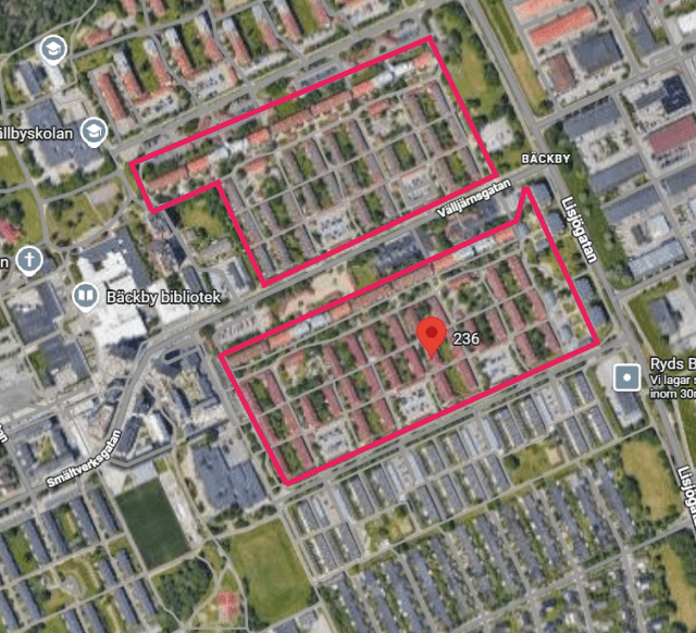 Karta över Bäckby där hastighetsbegränsningen med elsparkcykel är inringad