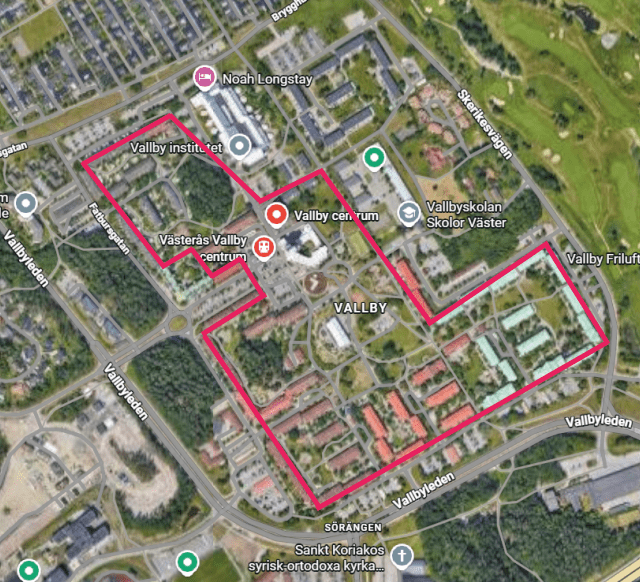 Karta över Vallby med röda markeringar över hastighetsbegränsningarna för elsparkcykel.