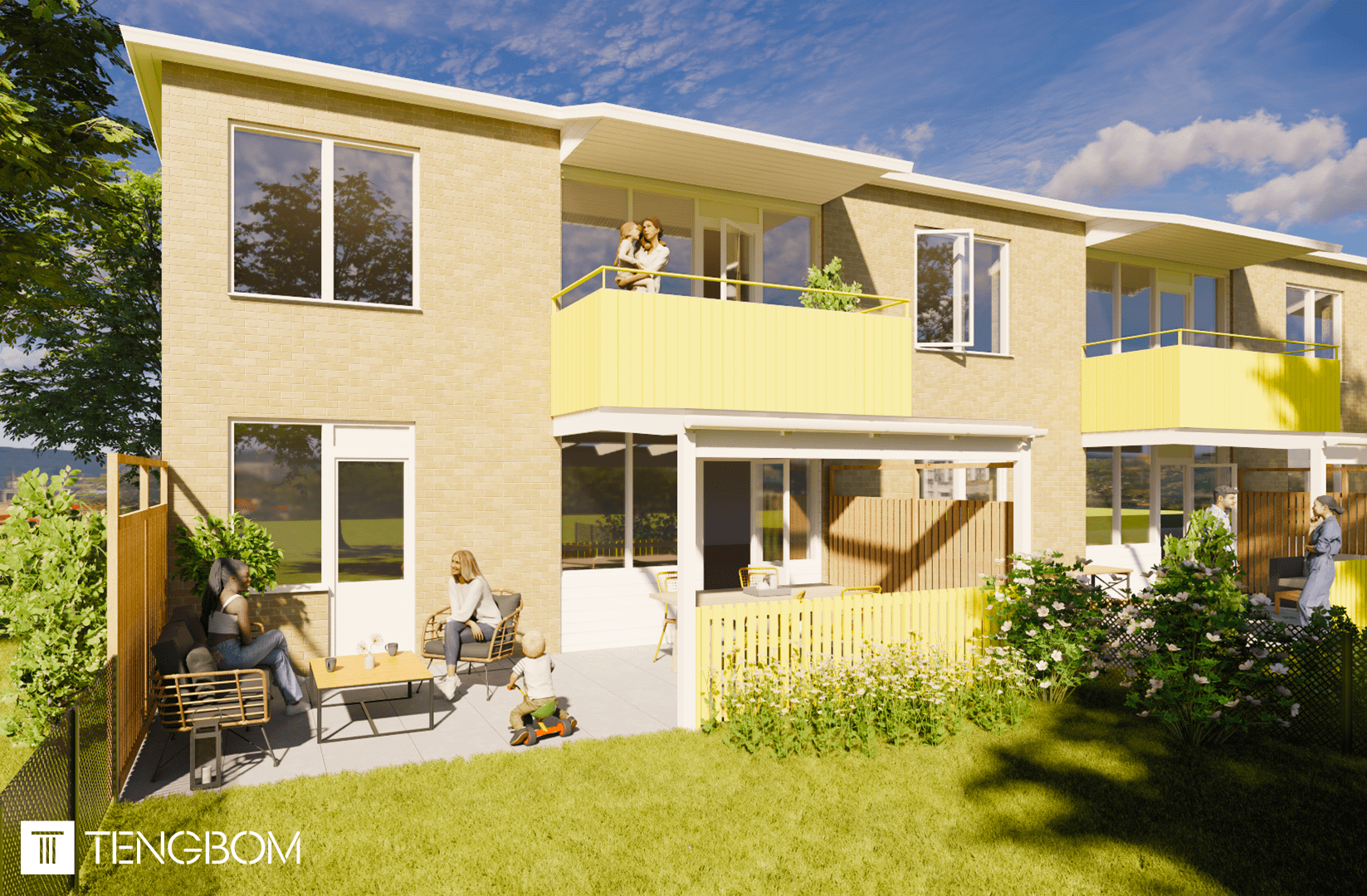 Fasad med altan med skärmtak