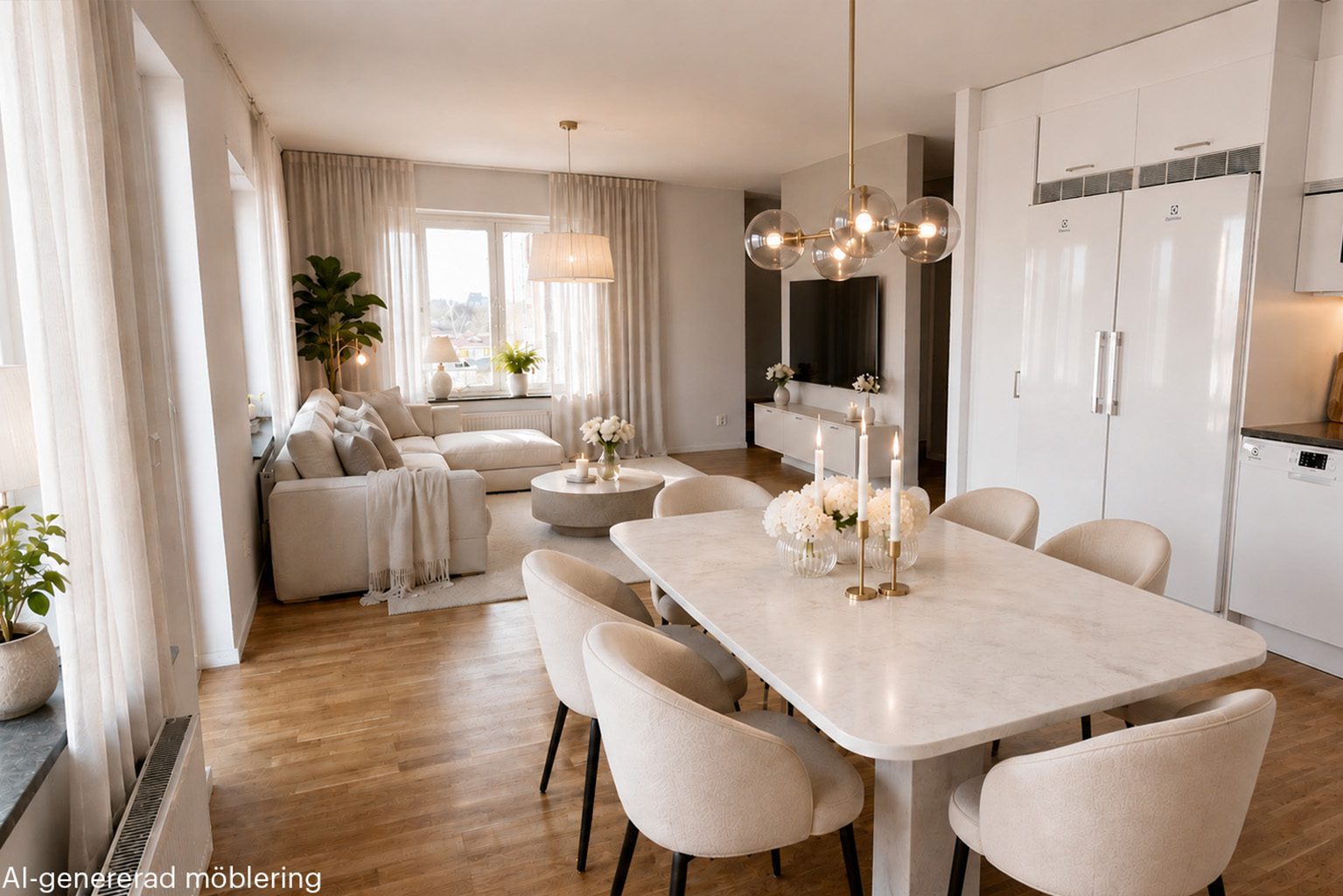 kök och vardagsrum med öppen planlösning