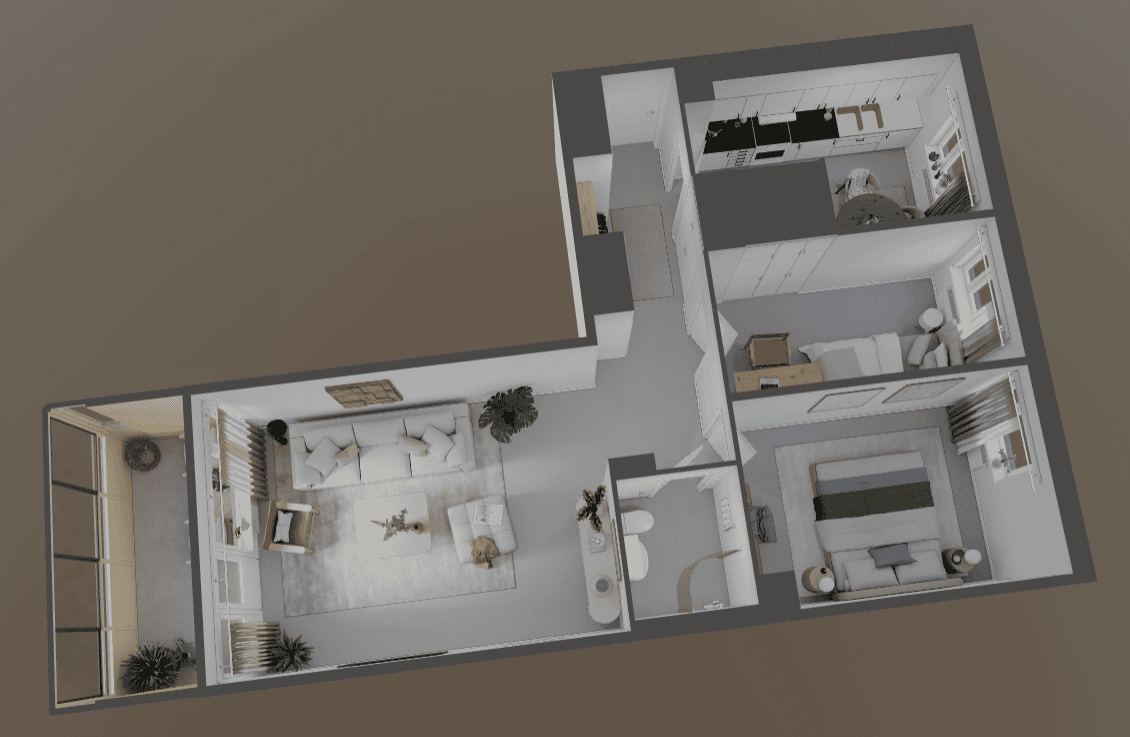 3D-ritning över 3 rum och kök på Jakobsgatan 43
